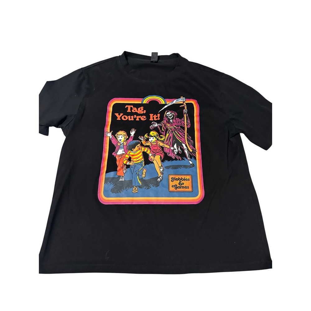 Romwe Tag Youre It Grim Reaper Graphic T-Shirt Black Mens Small Retro Hobbies